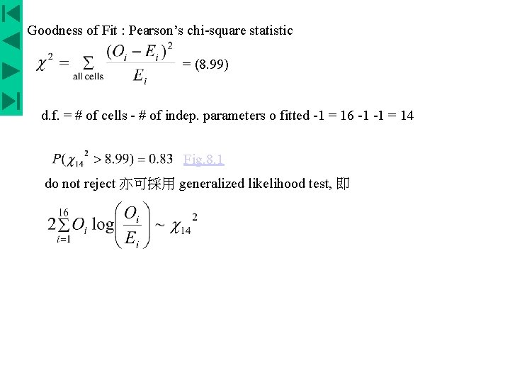 Goodness of Fit : Pearson’s chi-square statistic = (8. 99) d. f. = #