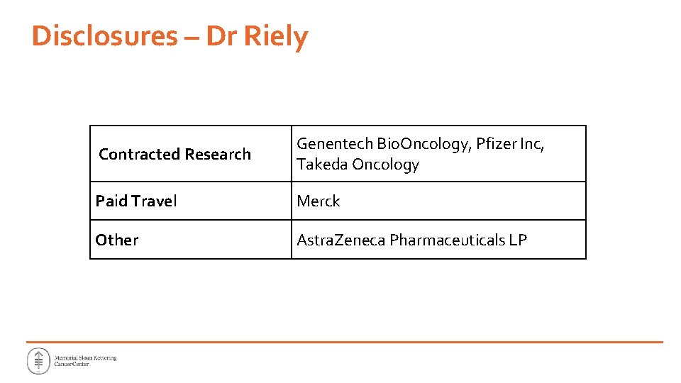 Disclosures – Dr Riely Contracted Research Genentech Bio. Oncology, Pfizer Inc, Takeda Oncology Paid Disclosures – Dr Riely Contracted Research Genentech Bio. Oncology, Pfizer Inc, Takeda Oncology Paid
