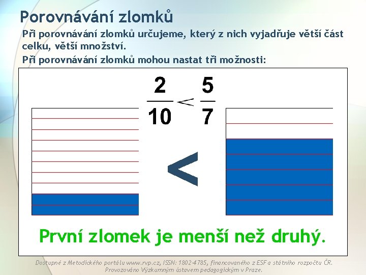 Porovnávání zlomků Při porovnávání zlomků určujeme, který z nich vyjadřuje větší část celku, větší