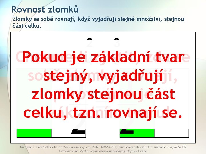 Rovnost zlomků Zlomky se sobě rovnají, když vyjadřují stejné množství, stejnou část celku. Pokud