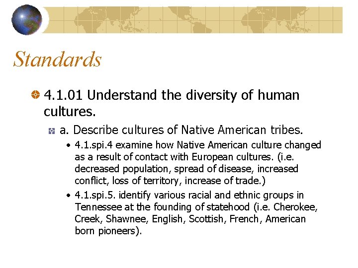 Standards 4. 1. 01 Understand the diversity of human cultures. a. Describe cultures of
