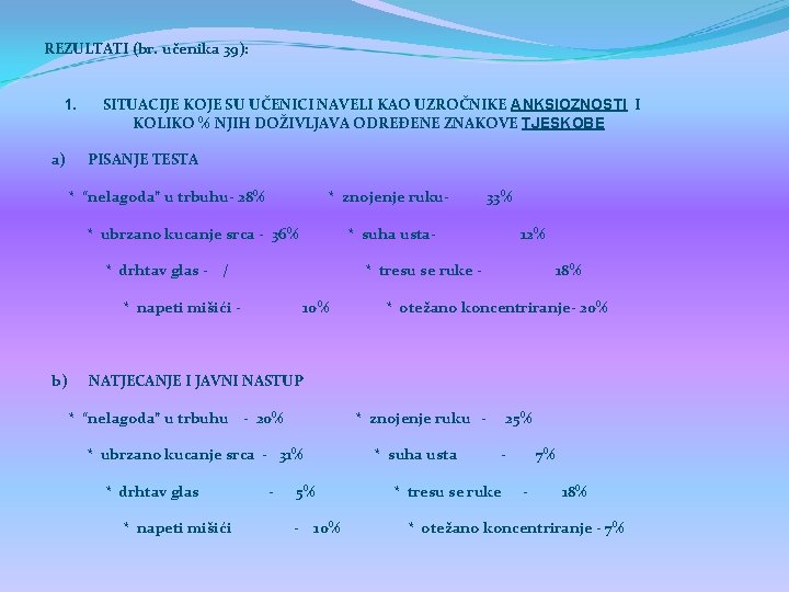  REZULTATI (br. učenika 39): 1. SITUACIJE KOJE SU UČENICI NAVELI KAO UZROČNIKE ANKSIOZNOSTI