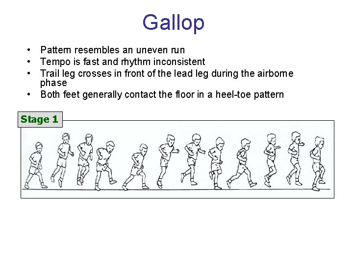 Gallop • Pattern resembles an uneven run • Tempo is fast and rhythm inconsistent