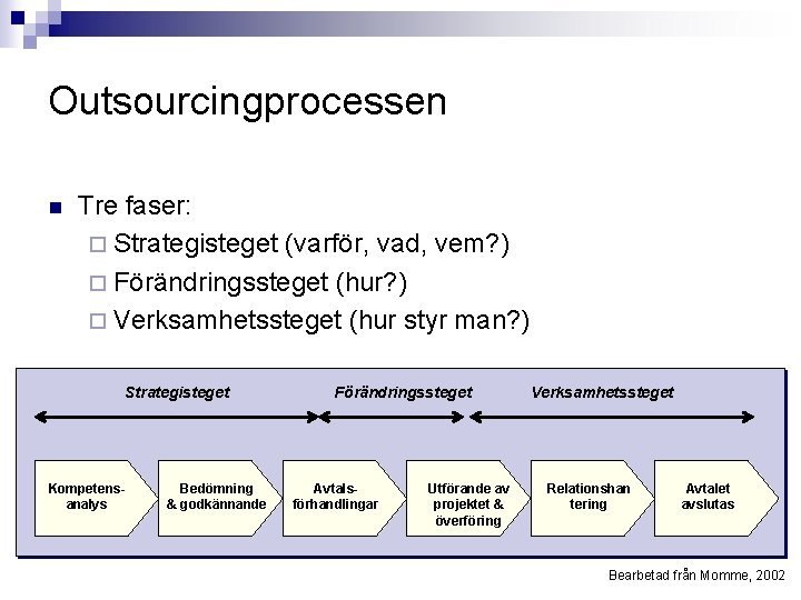 Outsourcingprocessen n Tre faser: ¨ Strategisteget (varför, vad, vem? ) ¨ Förändringssteget (hur? )