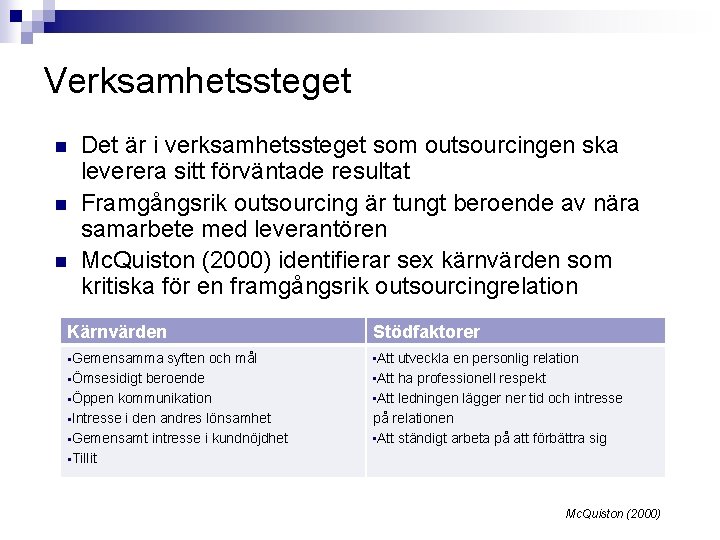 Verksamhetssteget n n n Det är i verksamhetssteget som outsourcingen ska leverera sitt förväntade