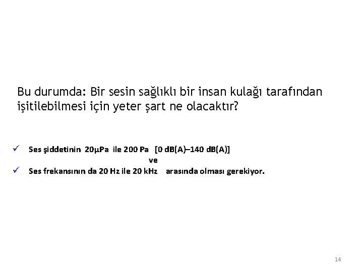 Bu durumda: Bir sesin sağlıklı bir insan kulağı tarafından işitilebilmesi için yeter şart ne