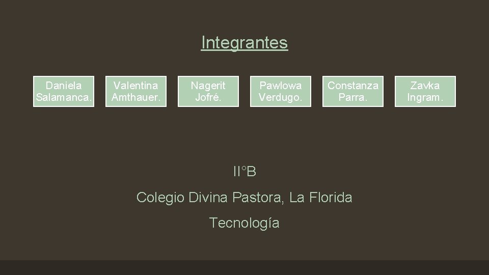 Integrantes Daniela Salamanca. Valentina Amthauer. Nagerit Jofré. Pawlowa Verdugo. Constanza Parra. II°B Colegio Divina