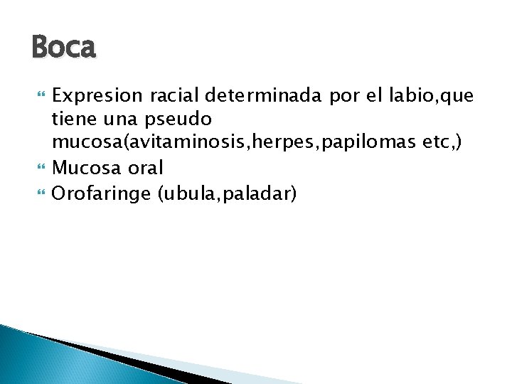 Boca Expresion racial determinada por el labio, que tiene una pseudo mucosa(avitaminosis, herpes, papilomas