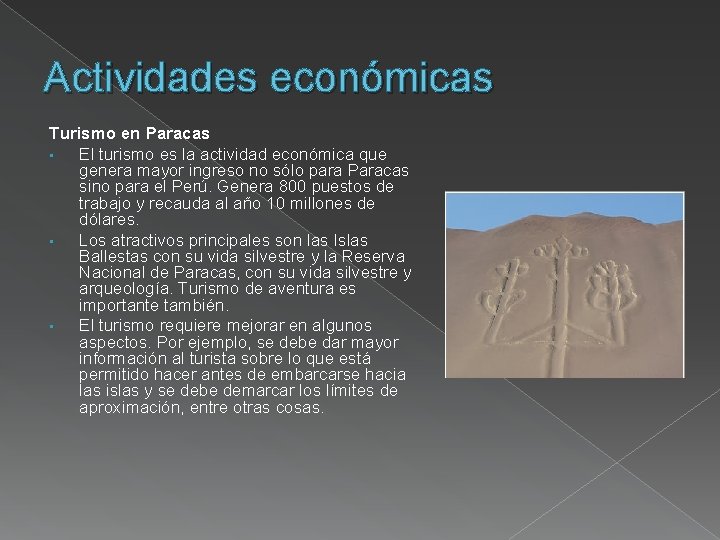 Actividades económicas Turismo en Paracas • El turismo es la actividad económica que genera
