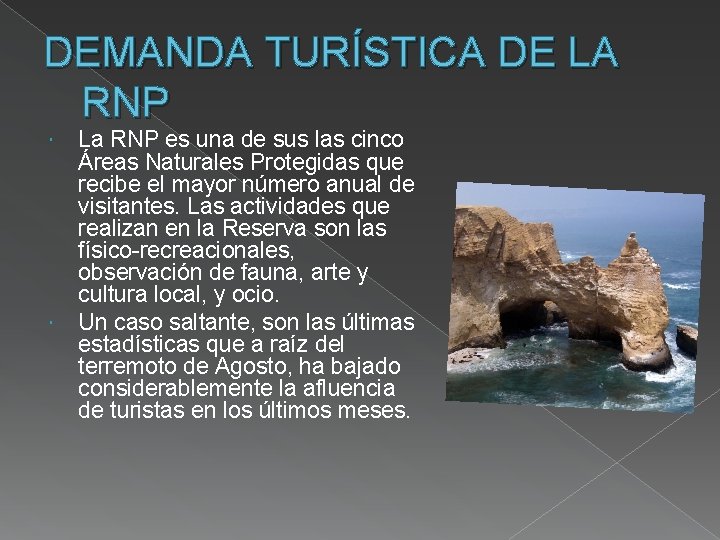 DEMANDA TURÍSTICA DE LA RNP La RNP es una de sus las cinco Áreas