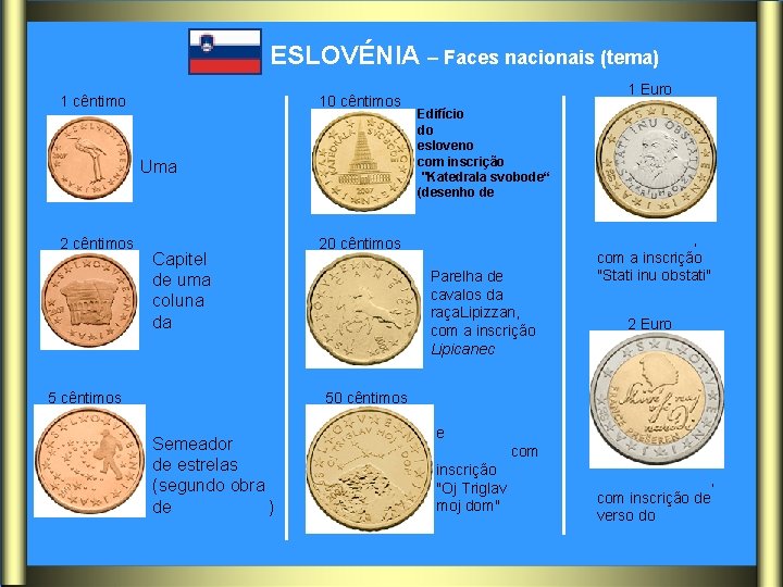 ESLOVÉNIA – Faces nacionais (tema) 1 cêntimo 10 cêntimos Uma cegonha 1 Euro Edifício