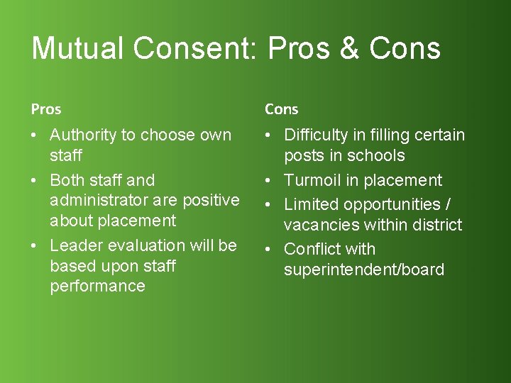 Mutual Consent: Pros & Cons Pros Cons • Authority to choose own staff •