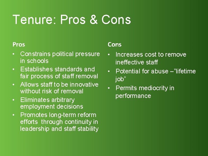 Tenure: Pros & Cons Pros Cons • Constrains political pressure in schools • Establishes