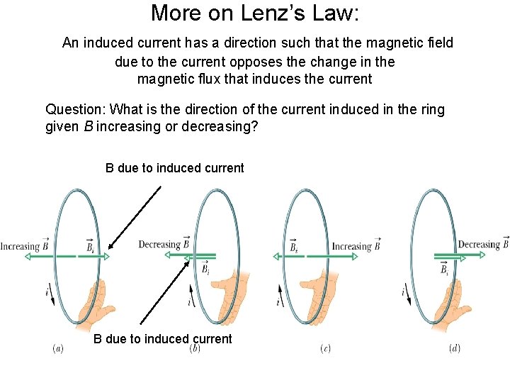 More on Lenz’s Law: An induced current has a direction such that the magnetic