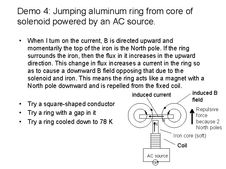 Demo 4: Jumping aluminum ring from core of solenoid powered by an AC source.