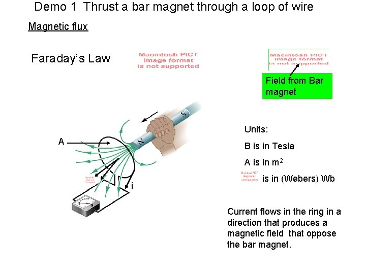 Demo 1 Thrust a bar magnet through a loop of wire Magnetic flux Faraday’s
