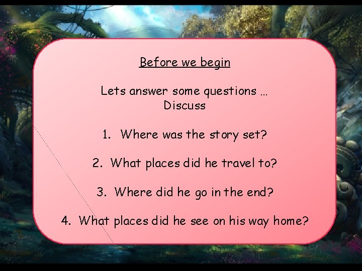 Before we begin Lets answer some questions … Discuss 1. Where was the story