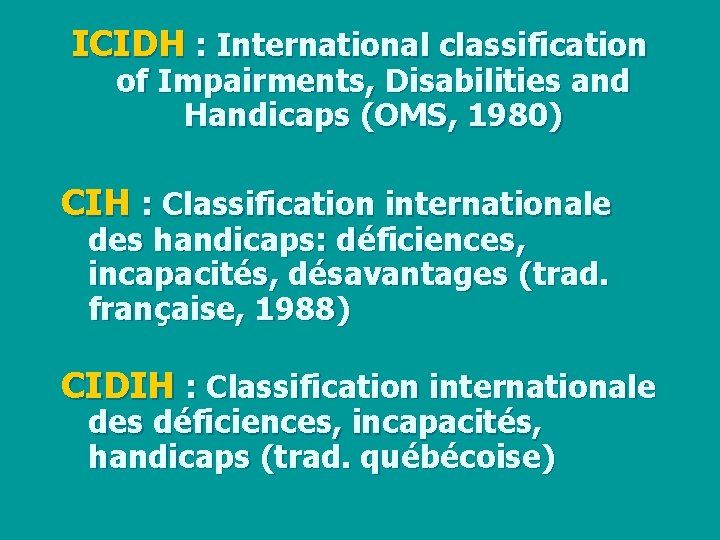 ICIDH : International classification of Impairments, Disabilities and Handicaps (OMS, 1980) CIH : Classification