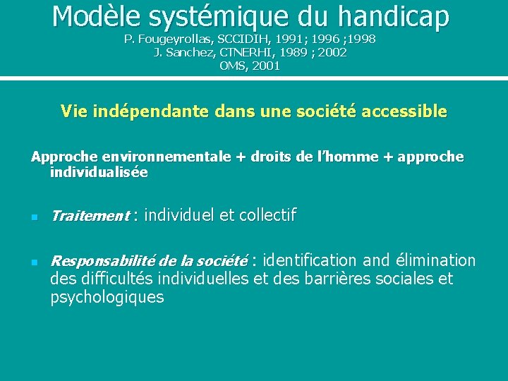 Modèle systémique du handicap P. Fougeyrollas, SCCIDIH, 1991; 1996 ; 1998 J. Sanchez, CTNERHI,
