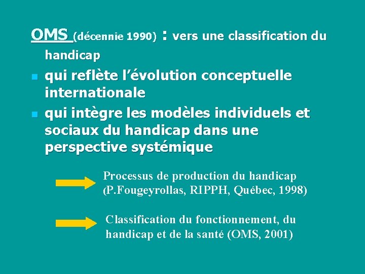 OMS (décennie 1990) : vers une classification du handicap n n qui reflète l’évolution