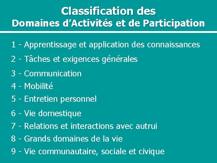 Classification des Domaines d’Activités et de Participation 1 - Apprentissage et application des connaissances