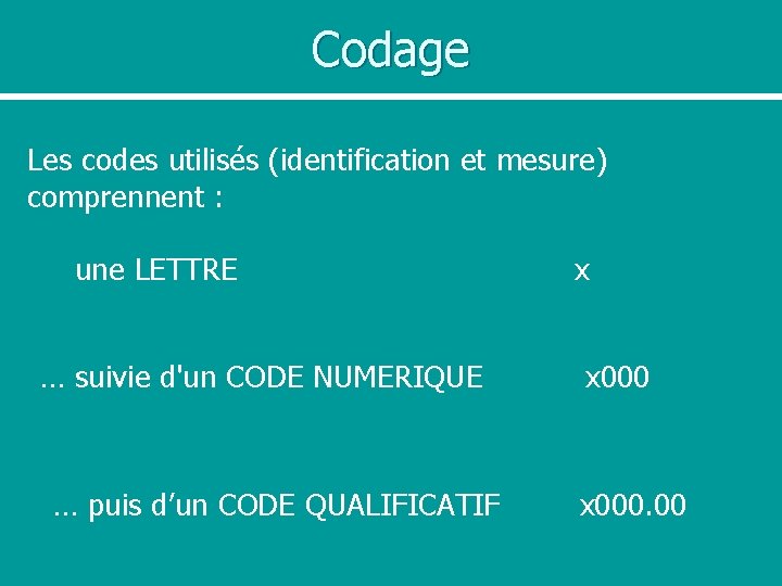 Codage Les codes utilisés (identification et mesure) comprennent : une LETTRE x … suivie