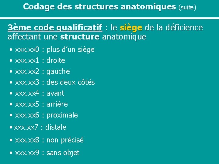 Codage des structures anatomiques (suite) 3ème code qualificatif : le siège de la déficience