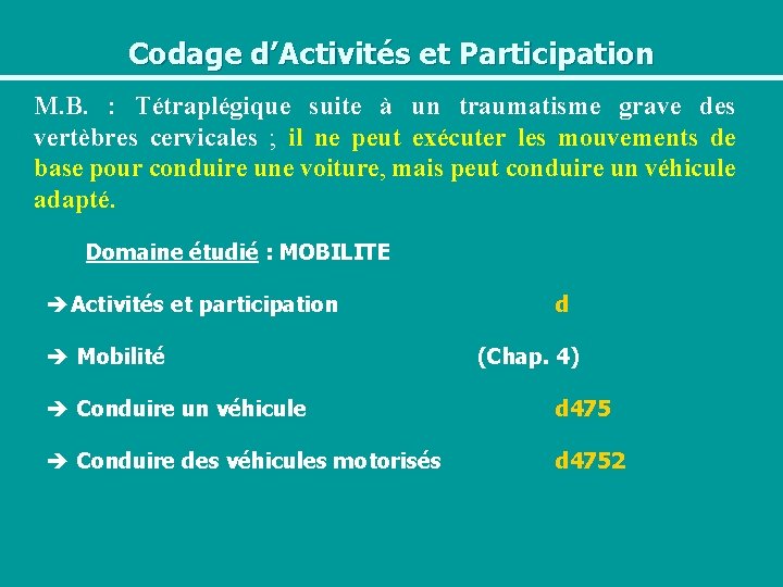 Codage d’Activités et Participation M. B. : Tétraplégique suite à un traumatisme grave des