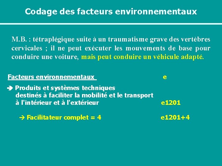 Codage des facteurs environnementaux M. B. : tétraplégique suite à un traumatisme grave des