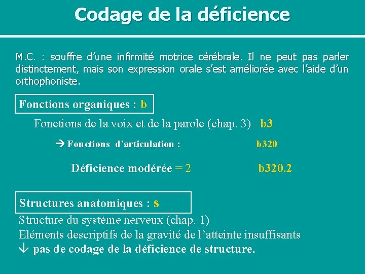 Codage de la déficience M. C. : souffre d’une infirmité motrice cérébrale. Il ne