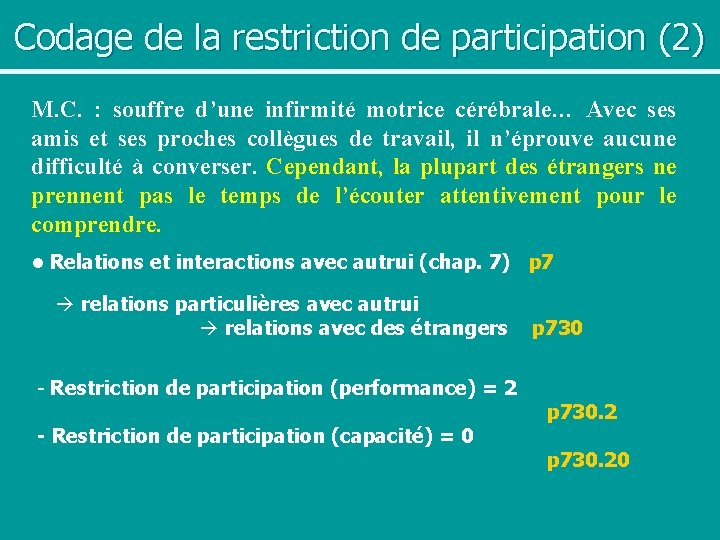 Codage de la restriction de participation (2) M. C. : souffre d’une infirmité motrice