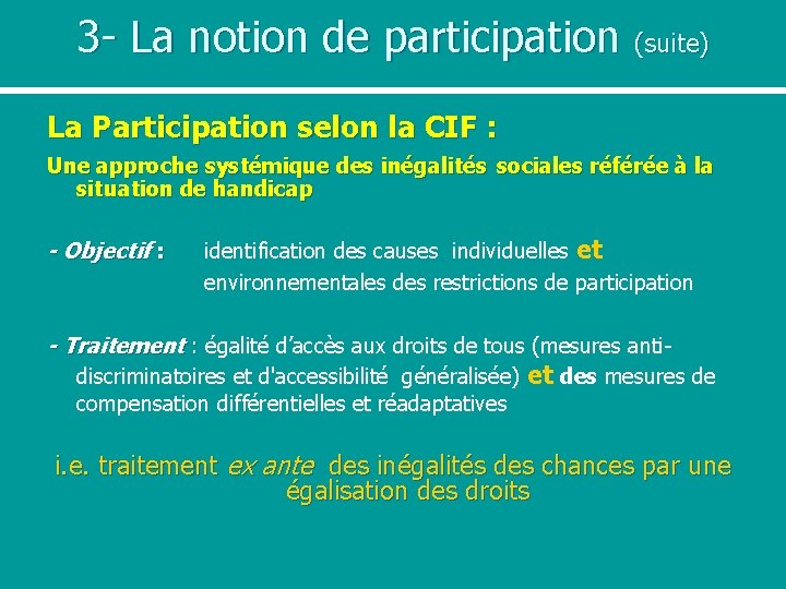 3 - La notion de participation (suite) La Participation selon la CIF : Une