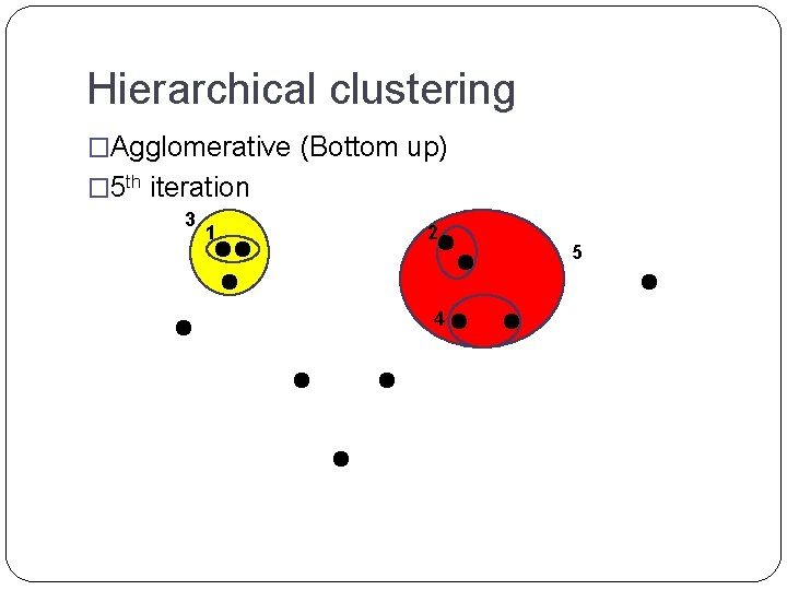 Hierarchical clustering �Agglomerative (Bottom up) � 5 th iteration 3 1 2 4 5