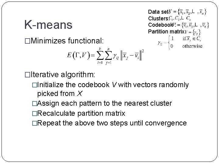 K-means Data set: Clusters: Codebook : Partition matrix: �Minimizes functional: �Iterative algorithm: �Initialize the