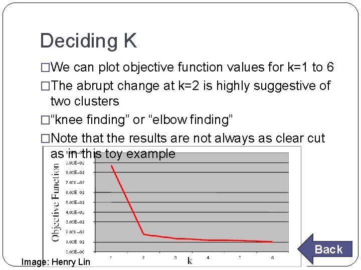 Deciding K �We can plot objective function values for k=1 to 6 �The abrupt