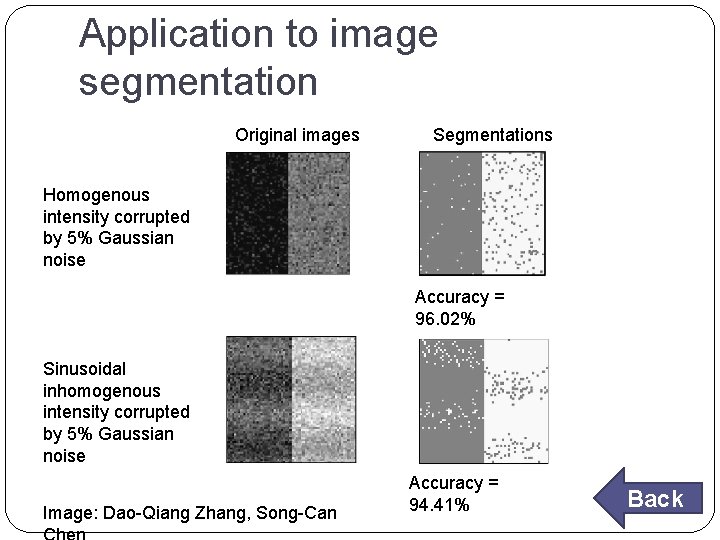 Application to image segmentation Original images Segmentations Homogenous intensity corrupted by 5% Gaussian noise