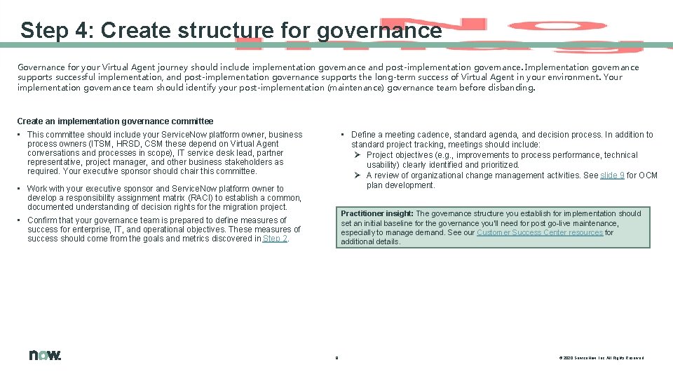 Step 4: Create structure for governance Governance for your Virtual Agent journey should include