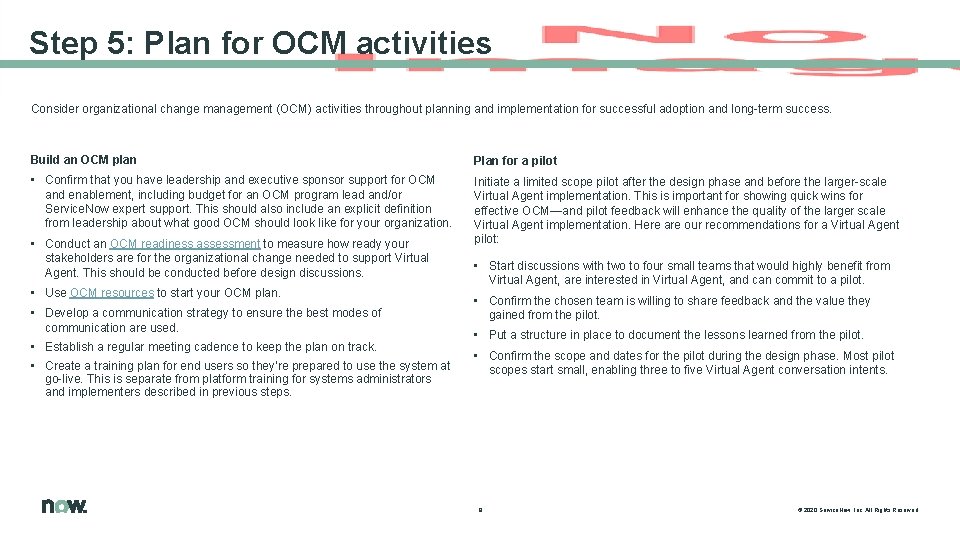 Step 5: Plan for OCM activities Consider organizational change management (OCM) activities throughout planning