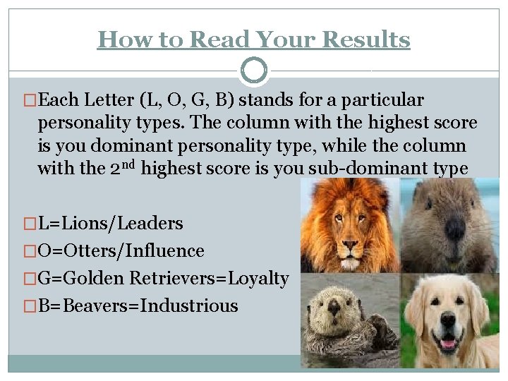 How to Read Your Results �Each Letter (L, O, G, B) stands for a