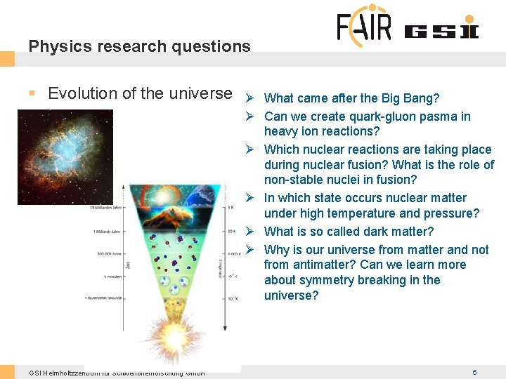 Physics research questions § Evolution of the universe GSI Helmholtzzentrum für Schwerionenforschung Gmb. H