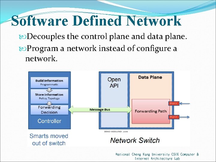 Software Defined Network Decouples the control plane and data plane. Program a network instead