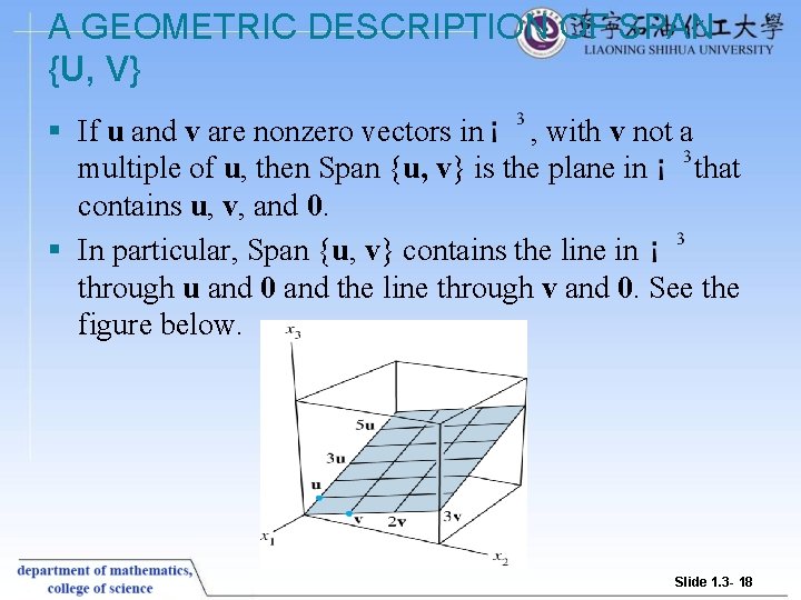 A GEOMETRIC DESCRIPTION OF SPAN {U, V} § If u and v are nonzero