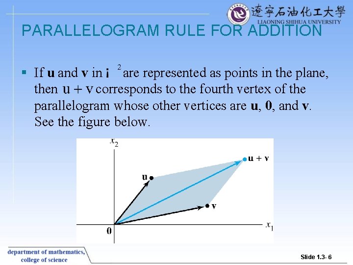 PARALLELOGRAM RULE FOR ADDITION § If u and v in are represented as points