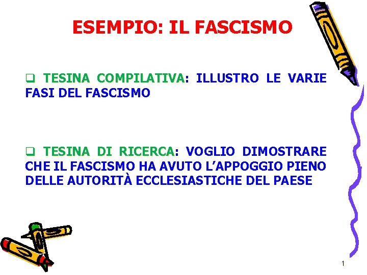 ESEMPIO: IL FASCISMO q TESINA COMPILATIVA: COMPILATIVA ILLUSTRO LE VARIE FASI DEL FASCISMO q