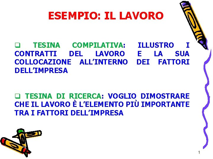 ESEMPIO: IL LAVORO q TESINA COMPILATIVA: COMPILATIVA CONTRATTI DEL LAVORO COLLOCAZIONE ALL’INTERNO DELL’IMPRESA ILLUSTRO