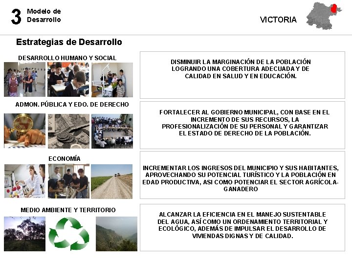 3 Modelo de Desarrollo VICTORIA Estrategias de Desarrollo DESARROLLO HUMANO Y SOCIAL DISMINUIR LA