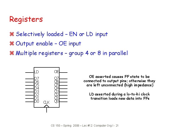 Registers z Selectively loaded – EN or LD input z Output enable – OE