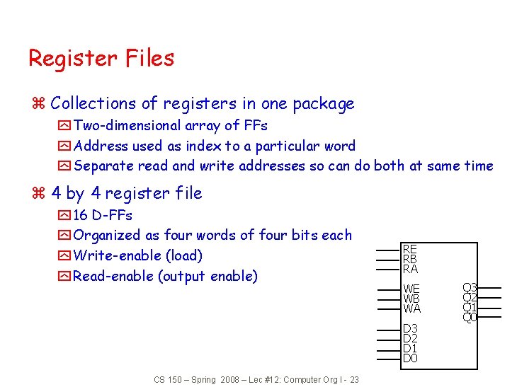 Register Files z Collections of registers in one package y Two-dimensional array of FFs