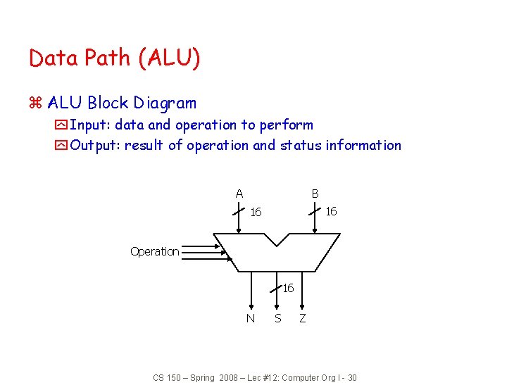 Data Path (ALU) z ALU Block Diagram y Input: data and operation to perform