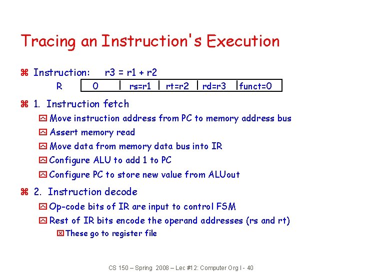 Tracing an Instruction's Execution z Instruction: R r 3 = r 1 + r